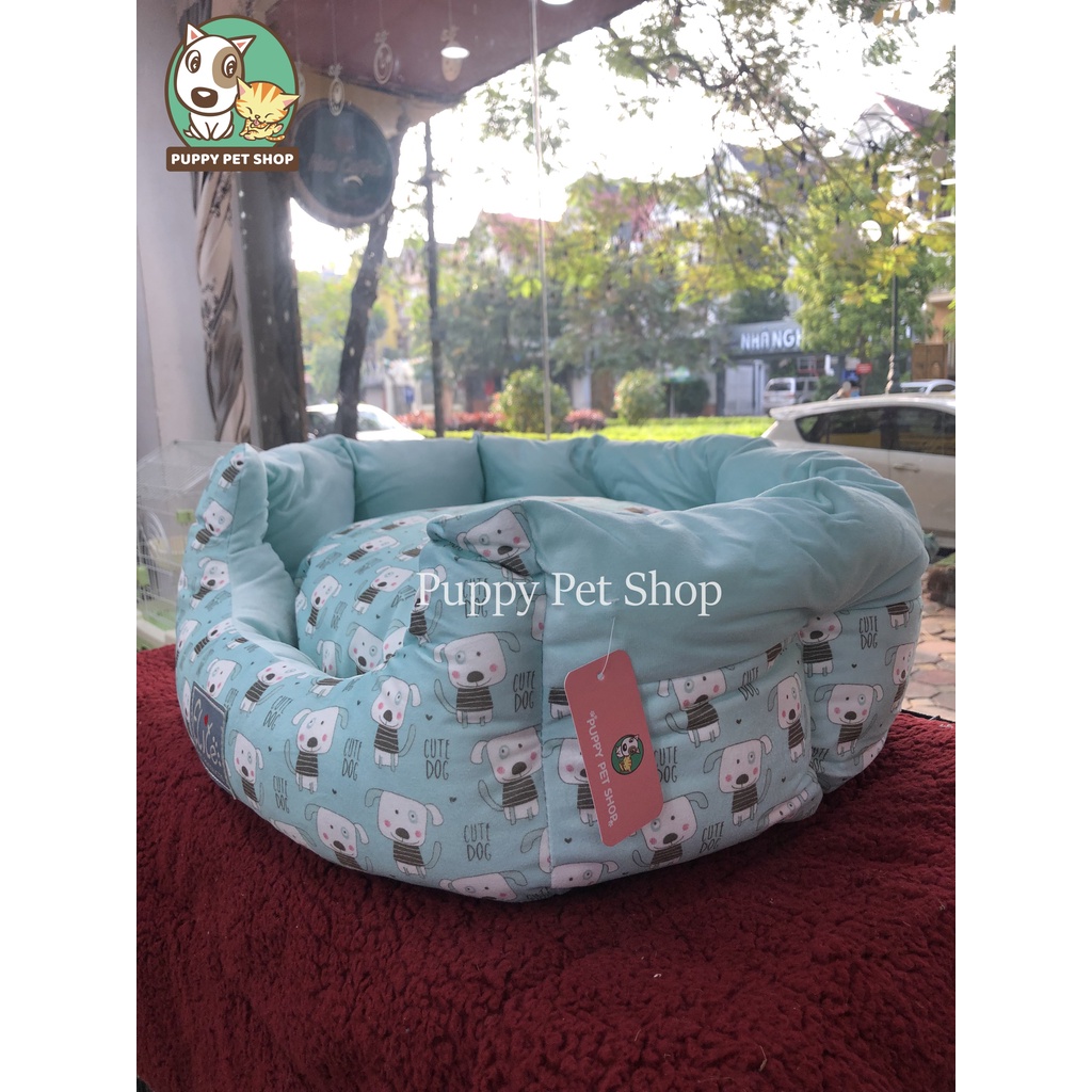 Ổ tròn xanh Cute Dog cho thú cưng, chó mèo- Hàng cao cấp xuất Hàn