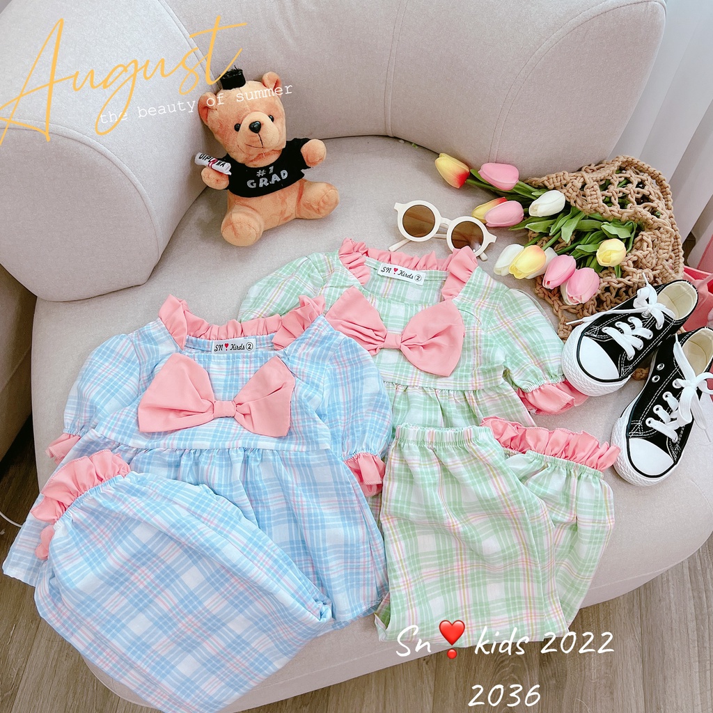 Bộ quần áo bé gái đính nơ trước ngực dài tay bo gấu từ 8-20kg