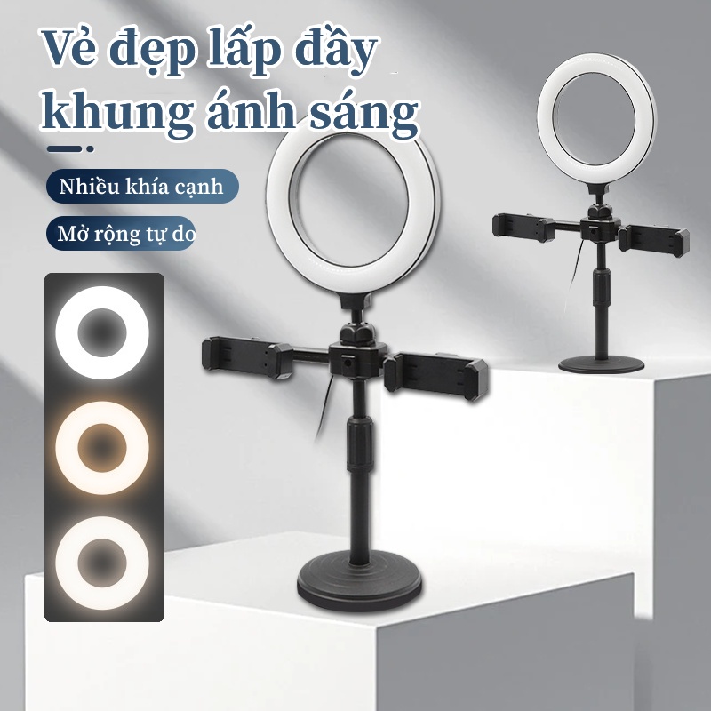 Giá Đỡ Đèn livestream để bàn 6 inch hình tròn, Giá đỡ có đèn quay video 2 kẹp kẹp điện thoại di động càng thuận tiện hơn