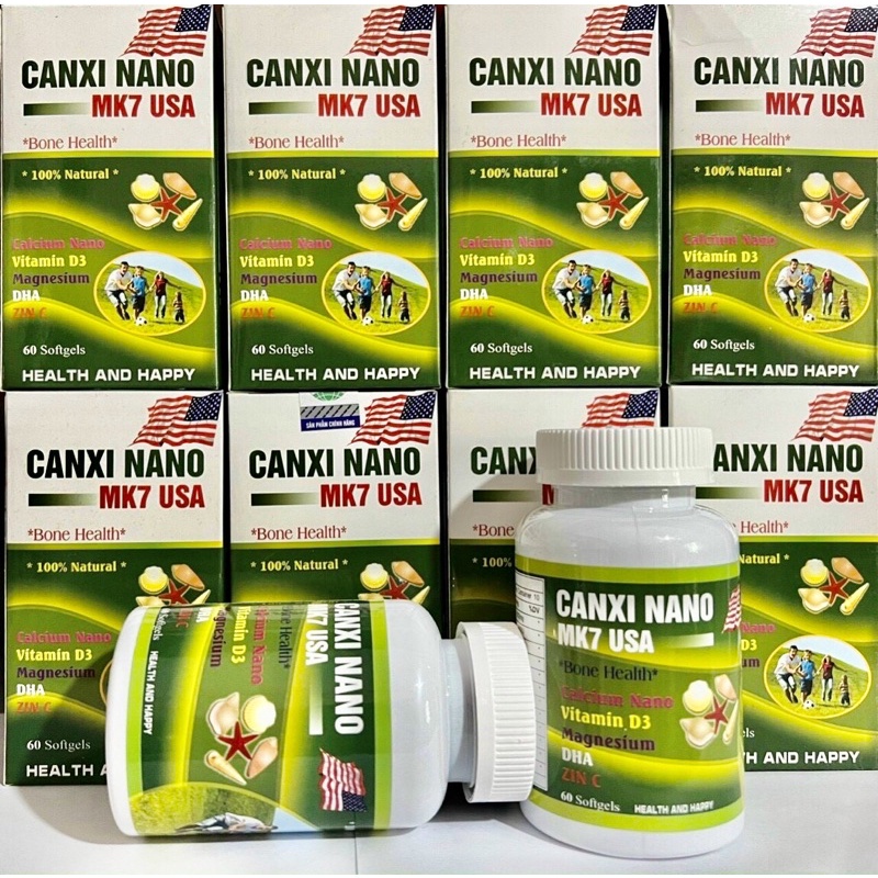 CANXI NANO MK7 USA-Giúp bổ sung sự thiếu hụt Canxi, Vitamin D3, DHA, giúp hỗ trợ phát triển hệ xương ở trẻ em(lọ 60viên)