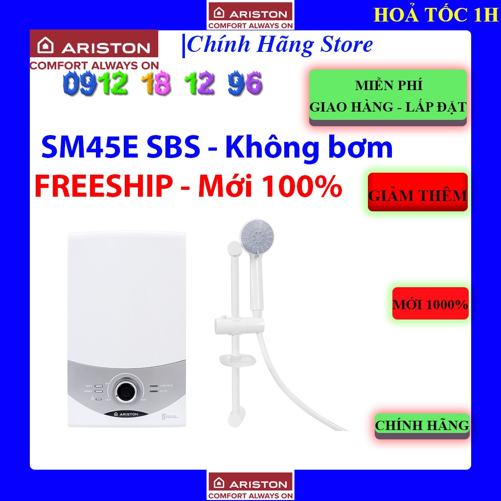 [Ariston SM45E SBS] Máy nước nóng Ariston AURES SM45E SBS VN 4500W, Bảo hành chính hãng 24 tháng.