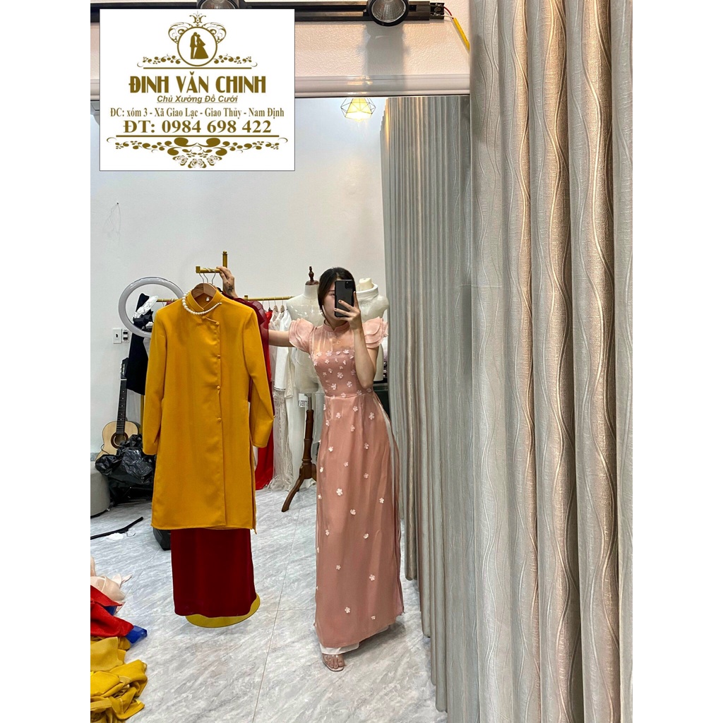 Áo dài tơ óng lót lụa 4 tà thiết kế cao cấp _ADTO003 tông hồng quý phái