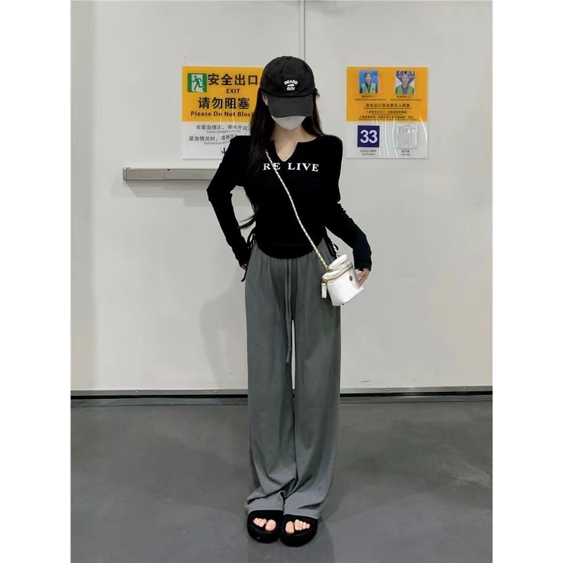 Áo Thun Tay Dài Dáng Ôm Thiết Kế Dây Rút In Chữ Phong Cách Mỹ Cho Nữ