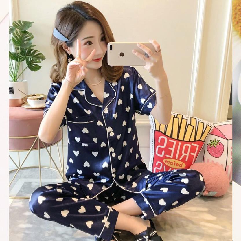 Đồ bộ dài nữ ❤️ 𝐇𝐚̀𝐧𝐠 𝐜𝐚𝐨 𝐜𝐚̂́𝐩 ❤️ Bộ Pijama lụa đẹp quyến rũ, áo ngắn tay, quần dài, dáng ngọt ngào B56A