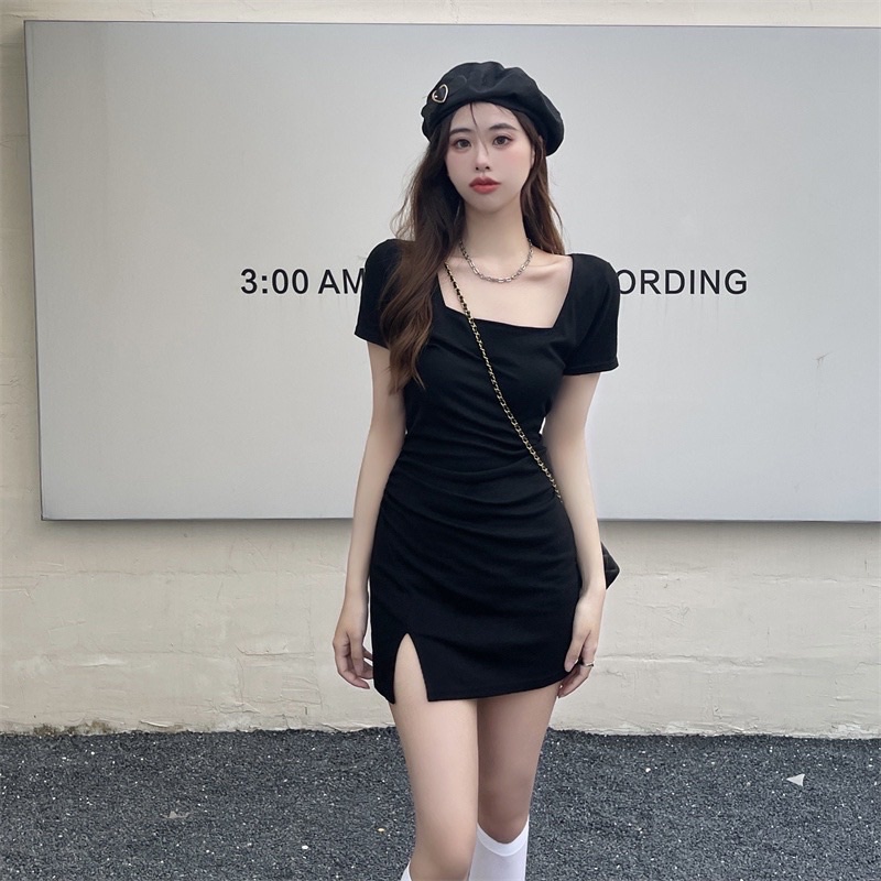 Đầm Body Xẻ Tà Cổ Vuông- Váy Body Xẻ Tà Chất Thun Gân size SML
