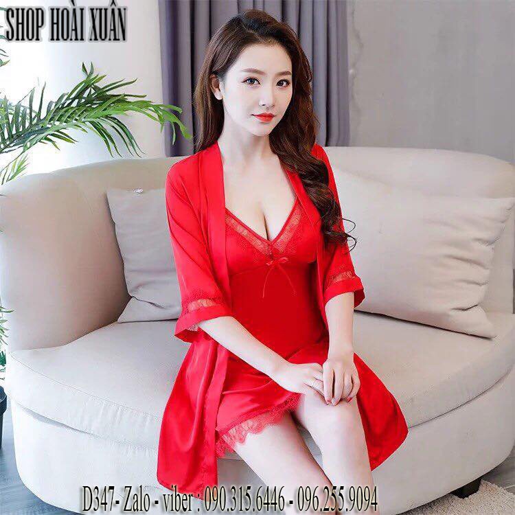 Đầm ngủ kèm áo choàng phi lụa viền ren hàng xuất khẩu cao cấp - D347