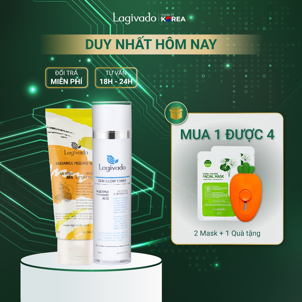 Bộ chăm sóc da mặt Hàn Quốc Lagivado gồm Skin Glow Toner120 ml và tẩy da chết Radiance Peeling 50 ml