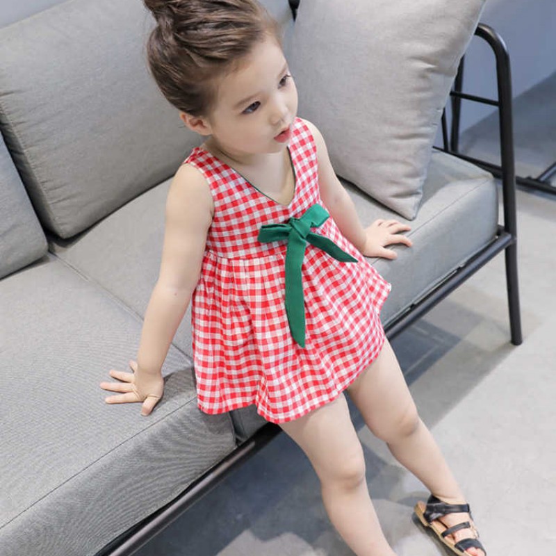 Đầm không tay sọc ca rô đính nơ đáng yêu cho bé