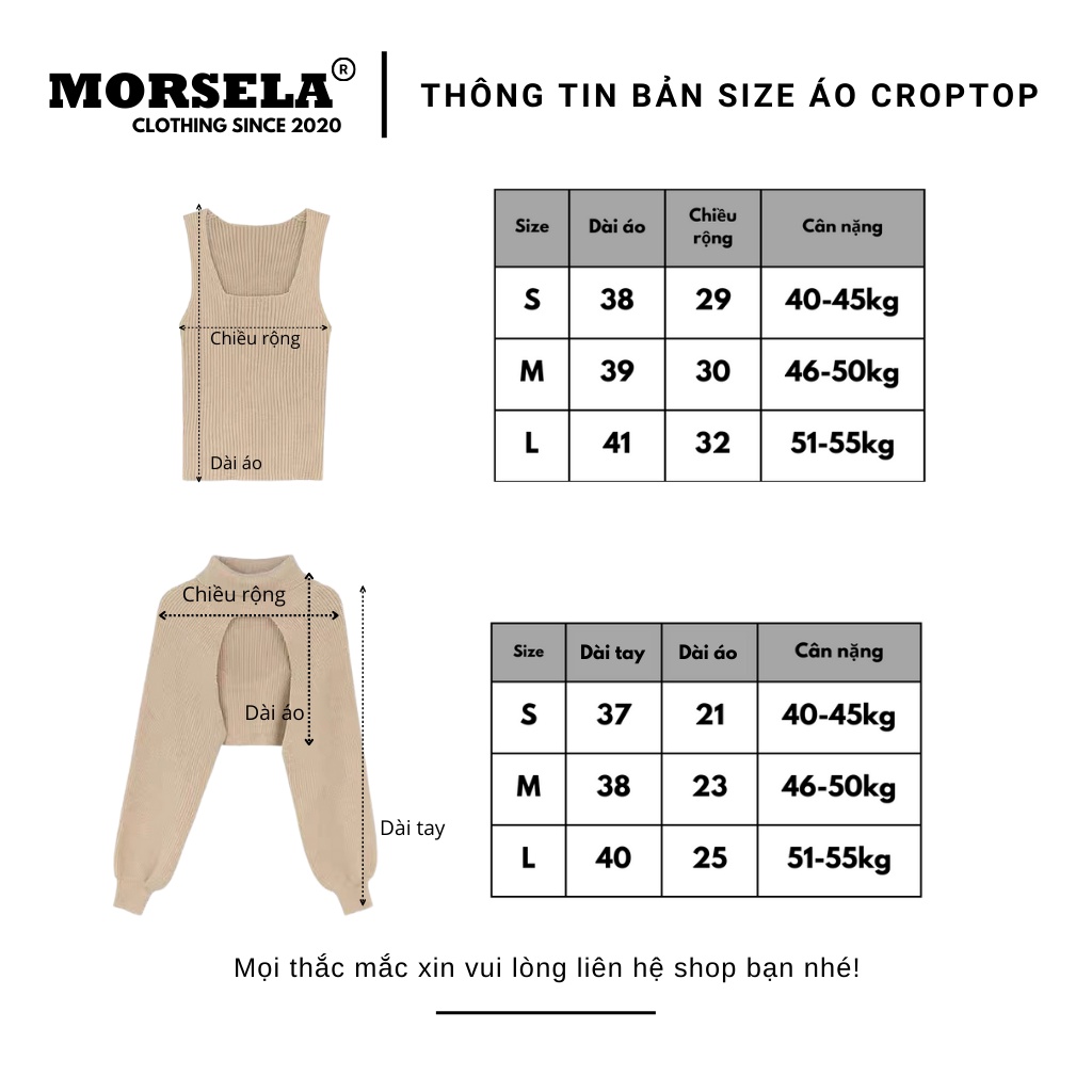 MORSELA® chính hãng - Set áo gân tăm tay dài croptop cổ lọ khoét ngực kèm áo kiểu tay bồng kèm ba lỗ phong cách bánh b