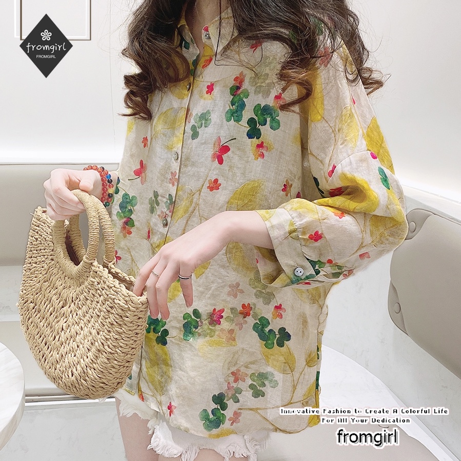 Áo sơ mi tay dài họa tiết hoa thời trang 2021 phong cách retro cho nữ