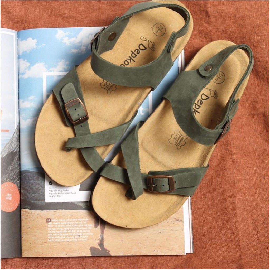 Sandal nam nữ unisex LSB07 da thật xanh rêu