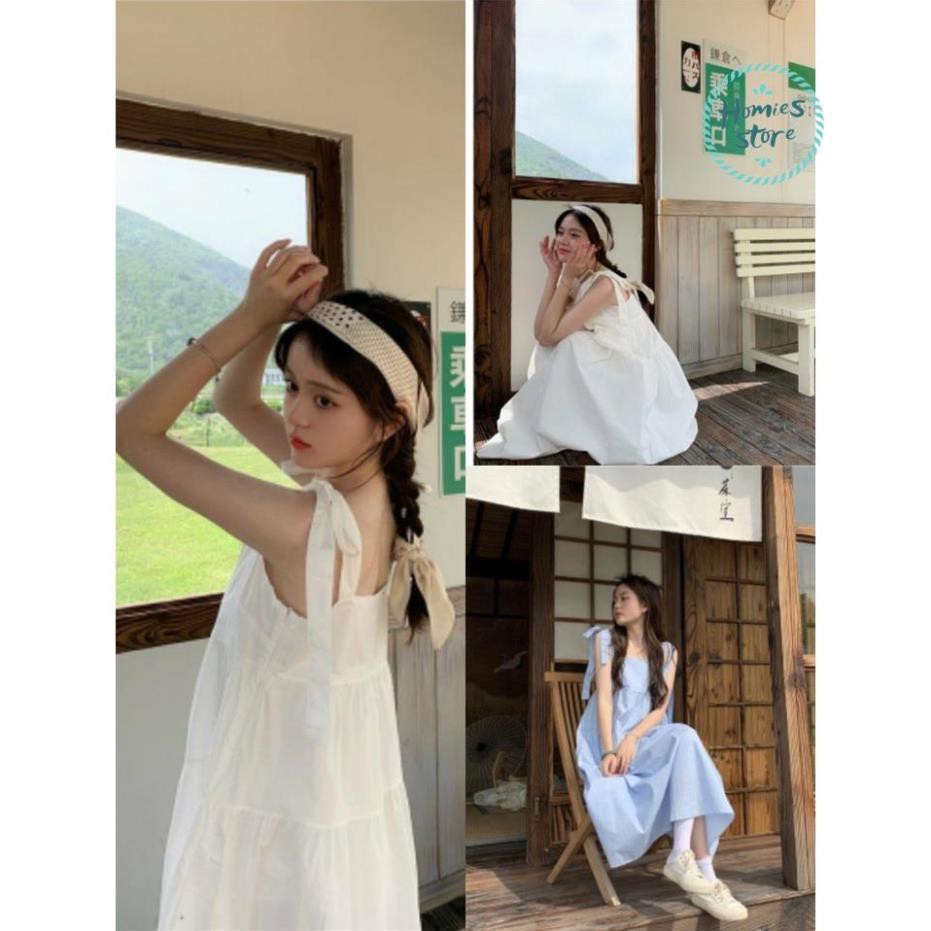 Đầm Nữ 2 Dây Bản To Buộc Nơ 3 Tầng , Trơn Dáng Dài 2 Màu HMQ022