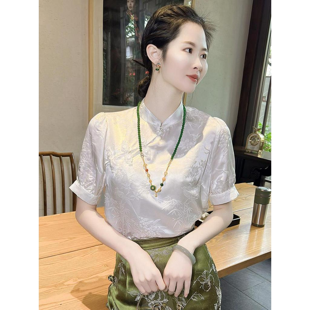 Áo Sơ Mi Chiffon Cổ Đứng Tay Ngắn Thời Trang Mùa Hè 2023 Phong Cách Cổ Điển Dành Cho Nữ