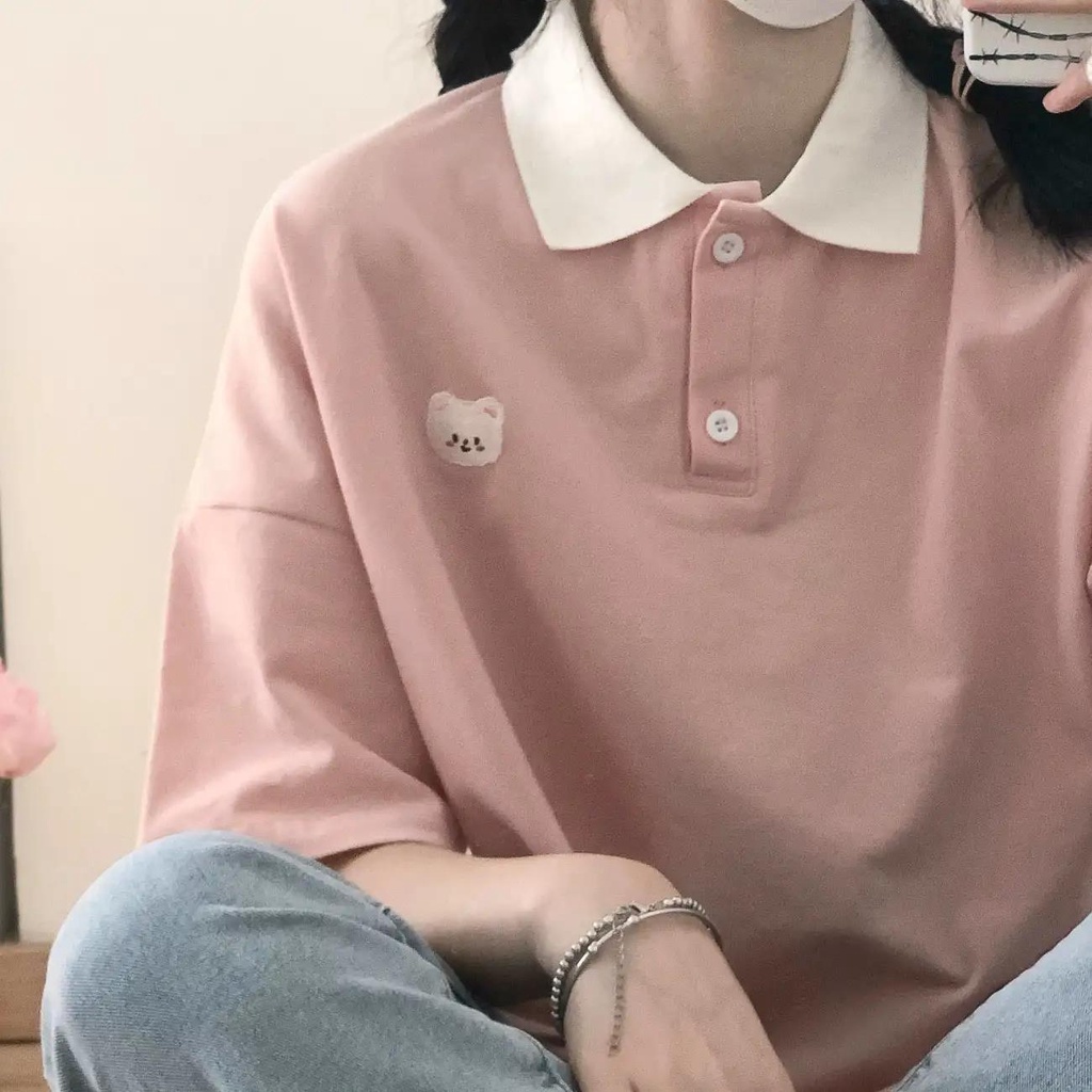 Áo Thun Mùa Hè Dáng Suông Tay Cộc Cổ Bẻ Thêu Hình Gấu Nhiều Màu Dễ Thương Cho Nữ Size S-2Xl 4 Kiểu