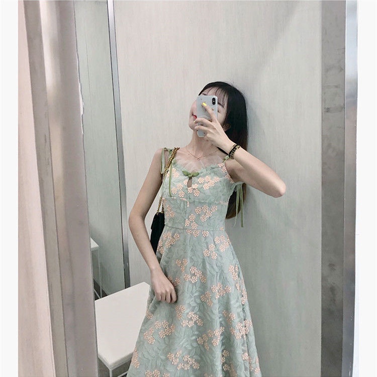 Đầm Dáng Dài Eo Cao Màu Xanh Matcha Phong Cách Retro Nữ Tính