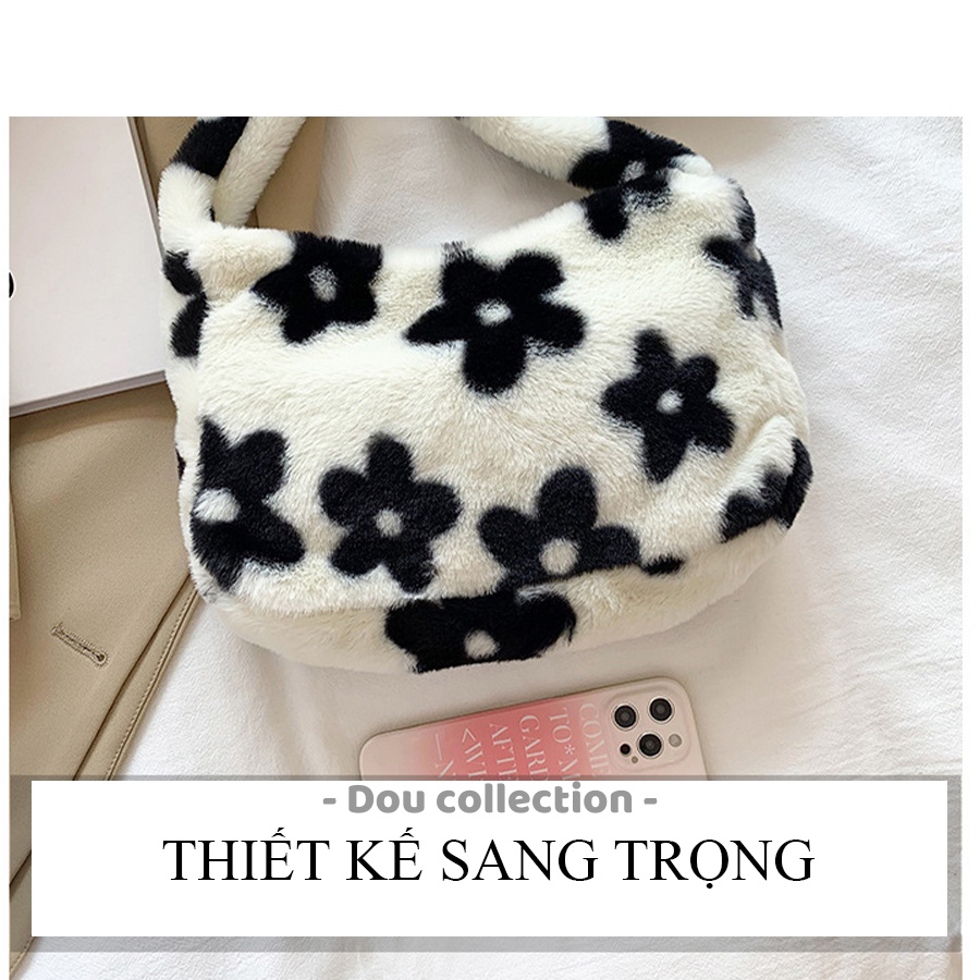 [NowShip2h] Túi Xách Lông Kẹp Nách (Túi Toe) Đeo Vai Họa Tiết Hoa 5 Cánh Thời Trang Thu Đông - Mã XT058
