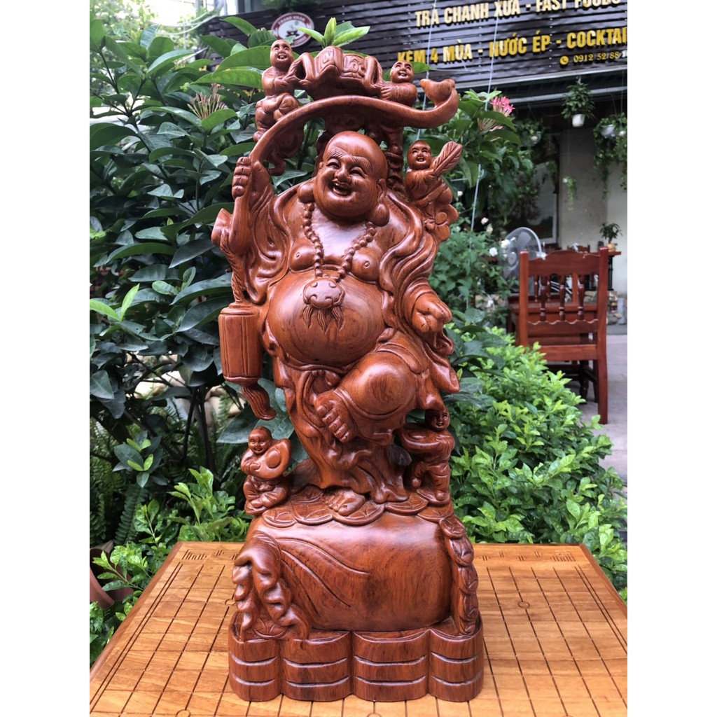 Tượng Di Lặc Ngũ Phúc Gỗ Hương Cao 60 Cm Liền Khối Vân Đẹp
