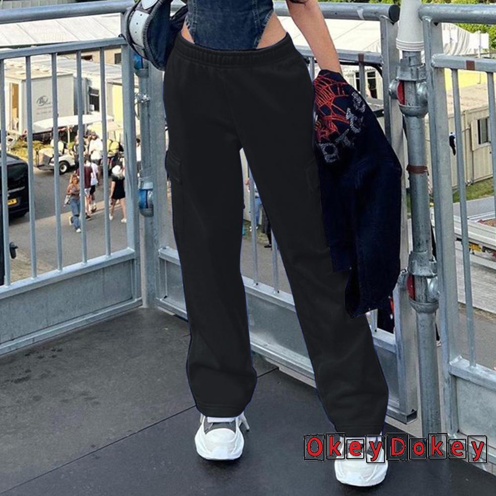 Quần Dài Dáng Suông Ống Đứng Lưng Thun Có Túi Màu Trơn Cho Nữ