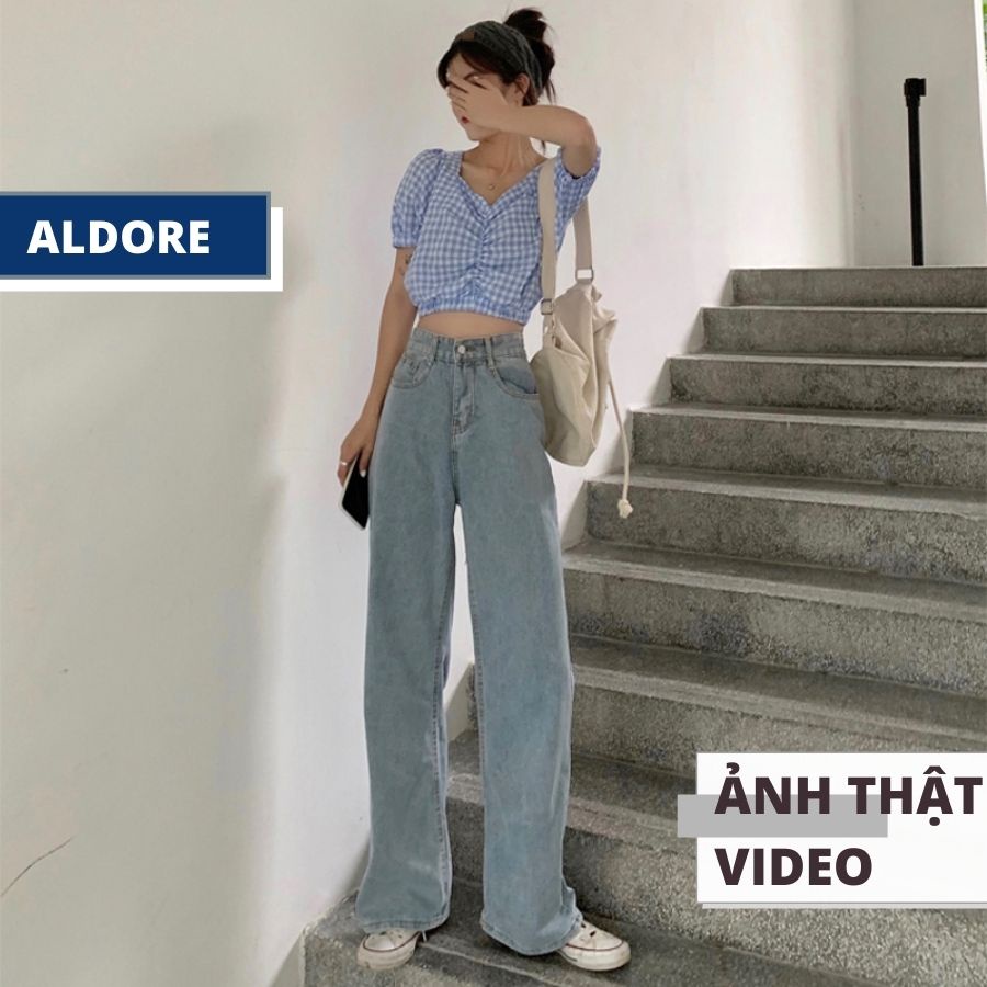 Quần jean nữ ống rộng suông màu xanh nhạt Aldore phong cách Ullzzang Hàn Quốc MSC3 | BigBuy360 - bigbuy360.vn