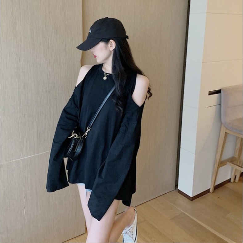 Áo Khoét Vai Vạt Xẻ Lệch Tầng 🦋 Áo Thun Dài Tay Dáng Rộng 3 Màu 🦋