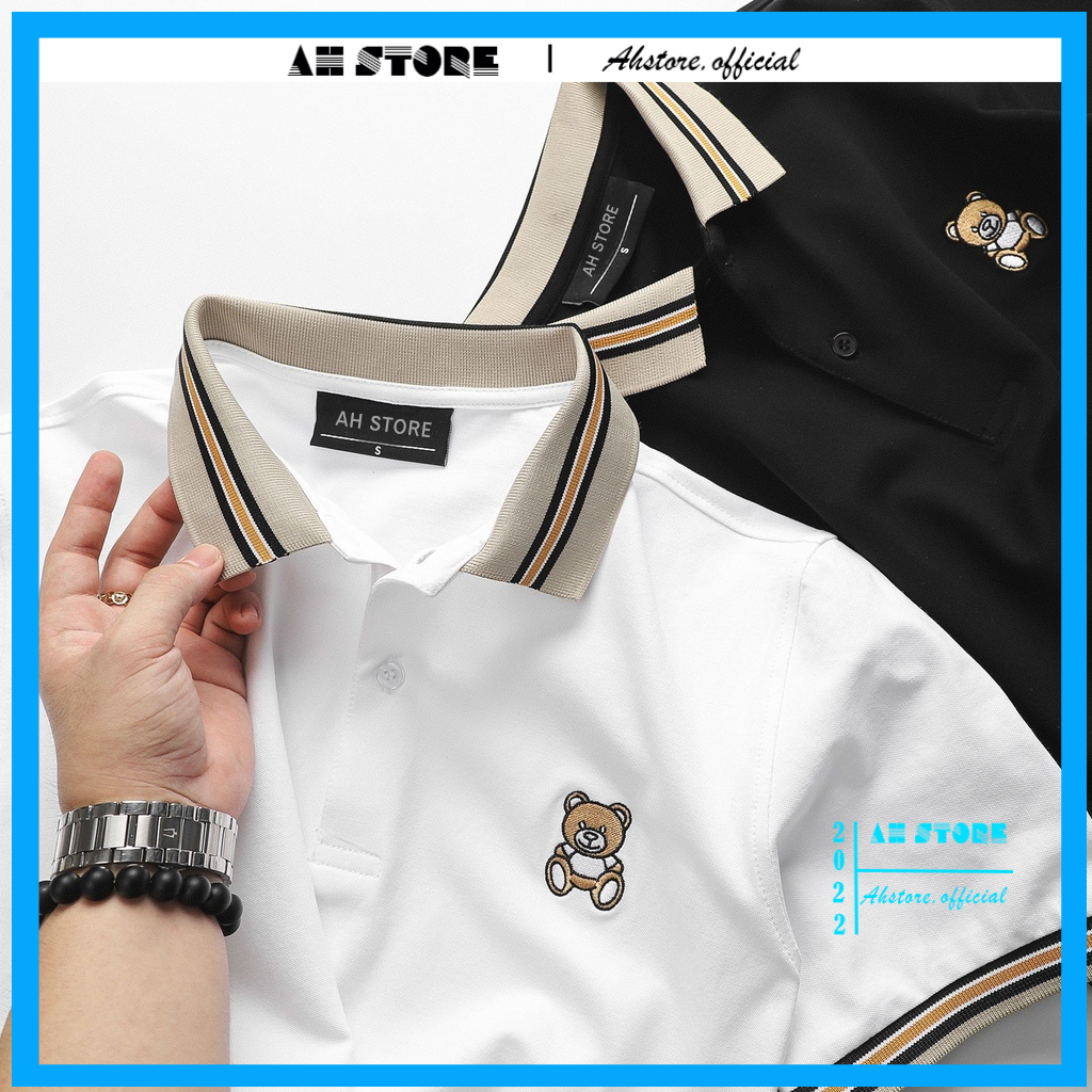 Áo polo nam tay ngắn hoạ tiết thêu gấu, Áo thun nam vải cotton 100% dày mịn mặc cực mát - AHSTORE