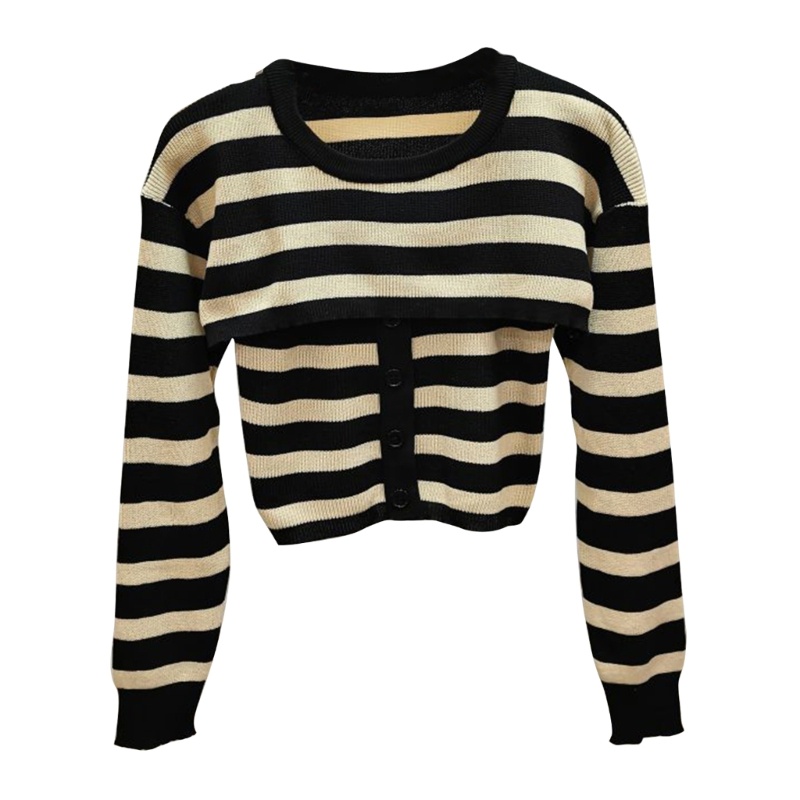 Set 2 Món Áo Sweater Dệt Kim Kẻ Sọc Phối Áo Hai Dây Đính Nút Thời Trang Cho Nữ