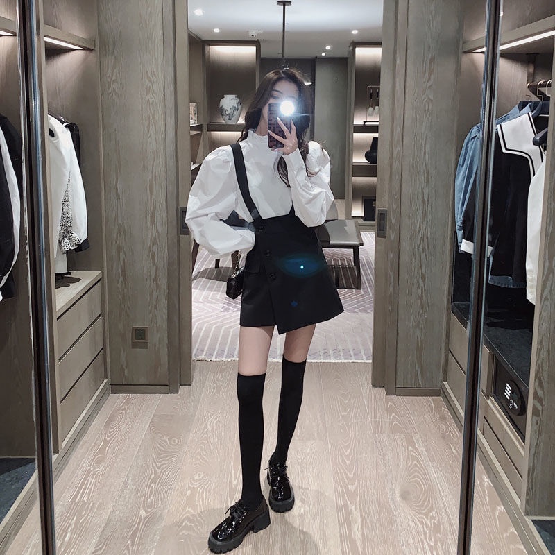 Set Áo Sơ Mi Trắng Và Đầm Yếm Thiết Kế Mới Xinh Xắn Thời Trang Dành Cho Nữ