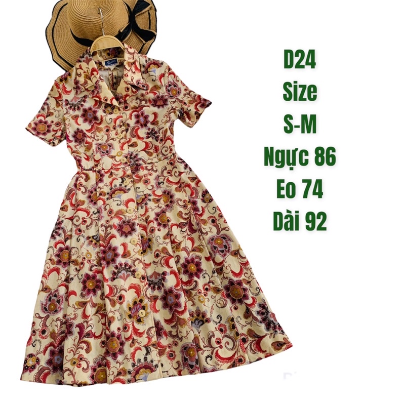 Đầm hoa sơmi D24 cổ vest phối chân xếp ly to chất thun 2hand Nhật si tuyển (ảnh thật)