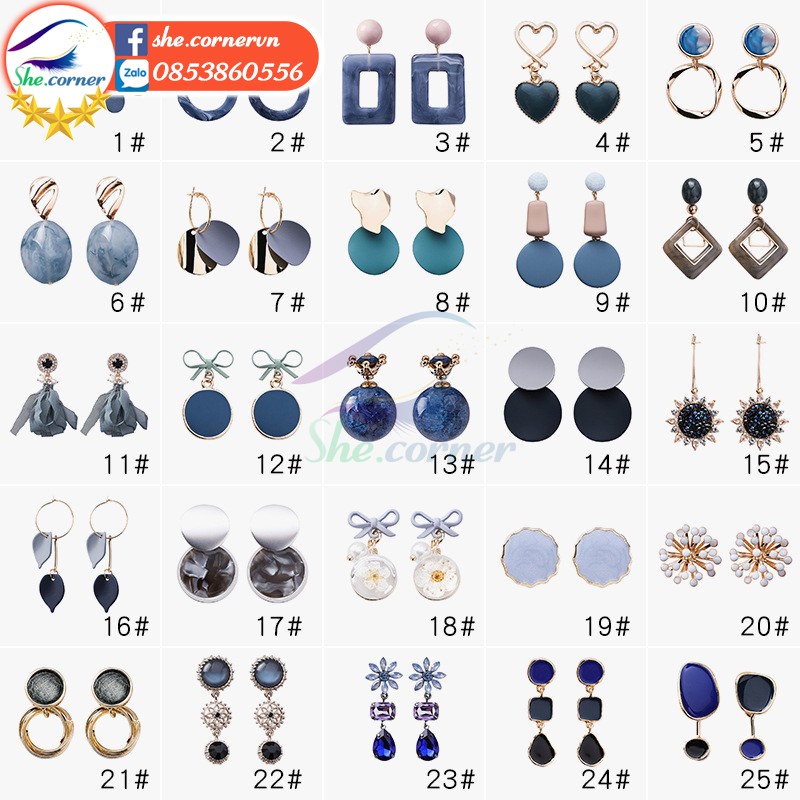Bông tai hoa tai Hàn Quốc 11052 sắc xanh cá tính thời trang sành điệu mẫu 16-30