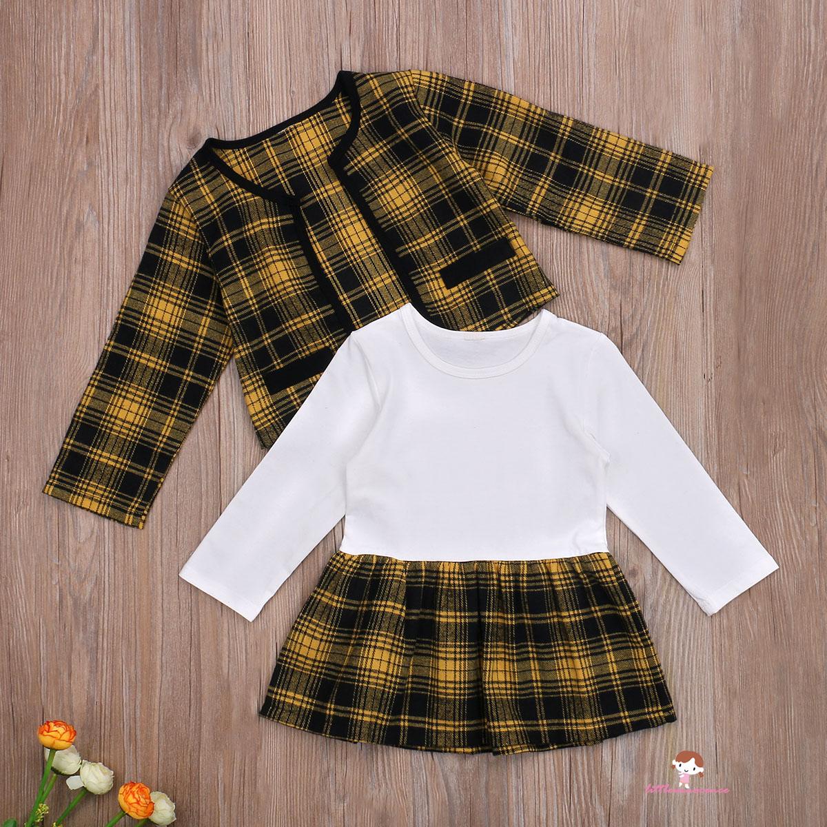 XZQ7-0-6 Years Little Girl Coat + Dress Plaid Printing British Style Cute Princess Spring Autumn Clothing