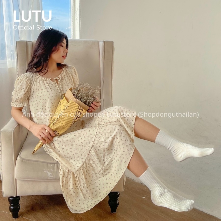 Đầm Váy Hoa Nhí Tơ Đũi Tay Ngắn Cổ Bèo Nơ Vintage Siêu Xinh