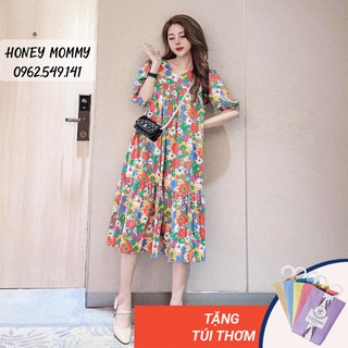 Váy Bầu Hoa Cổ Tim Dáng Suông Đuôi Cá HD2833 Honey Mommy Đầm Bầu Công Sở Mùa Hè Cộc Tay