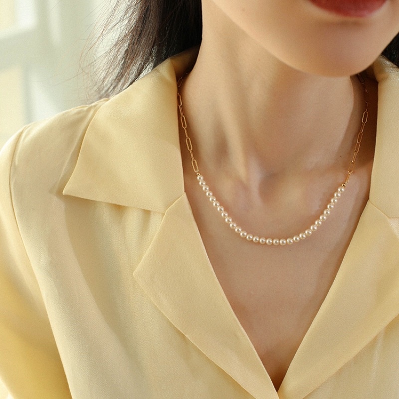 Bộ trang sức titan vàng mix hạt ngọc trai nhân tạo 6ly