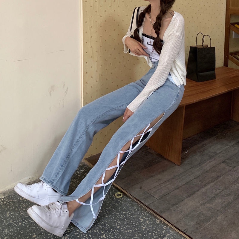 Real Shot Spot Summer Korean Version of Ins Design Sense High Waist Split Strap Jeans Women Straight Thin Loose Wide Leg Pants Tide Wash, Zipper, Buttons Light Blue S,M,L,XL