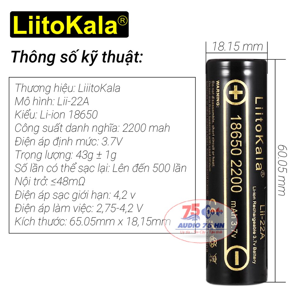 01 viên pin sạc LiitoKala Lii-22A Pin Lithium-ion 3.7V 18650 2200mah cao cấp