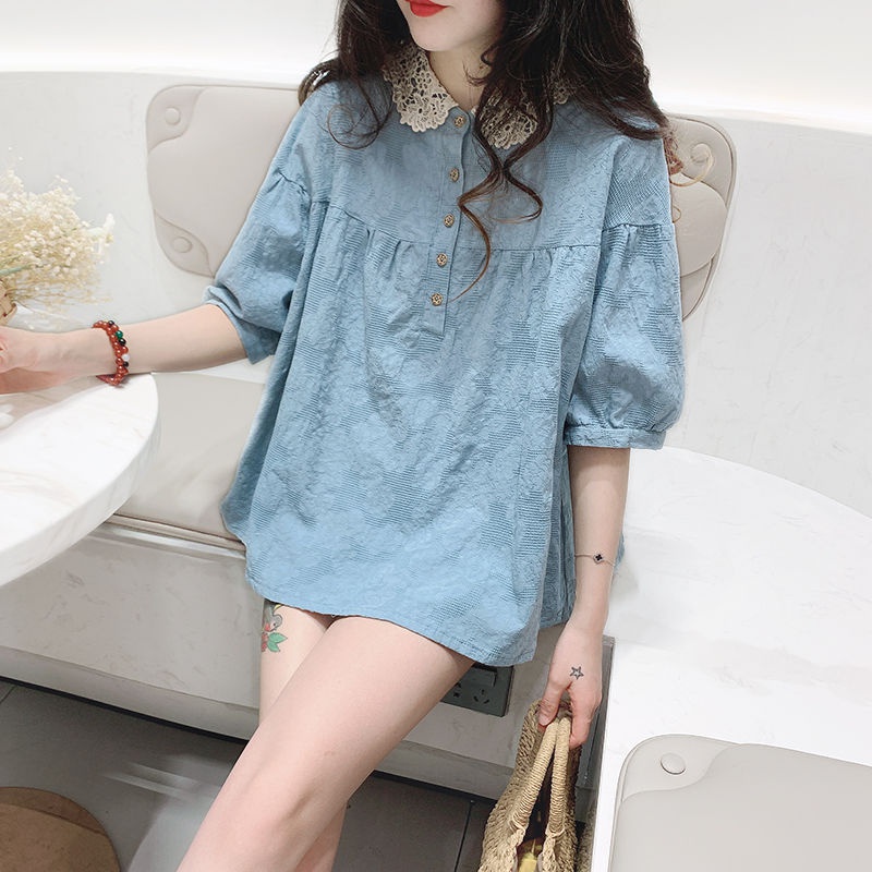 Áo sơ mi cotton lanh tay ngắn cổ búp bê thêu họa tiết màu sắc ngọt ngào phong cách Hàn Quốc cho nữ