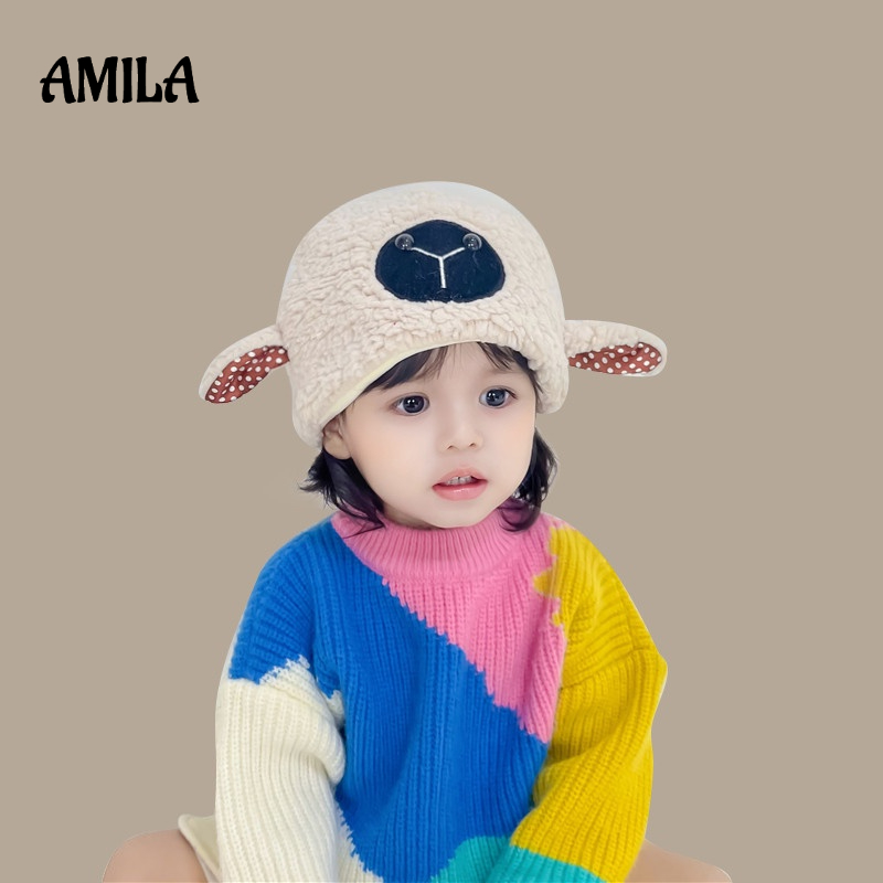 Mũ len lông cừu AMILA giữ ấm tai họa tiết hoạt hình dễ thương ngộ nghĩnh cho bé