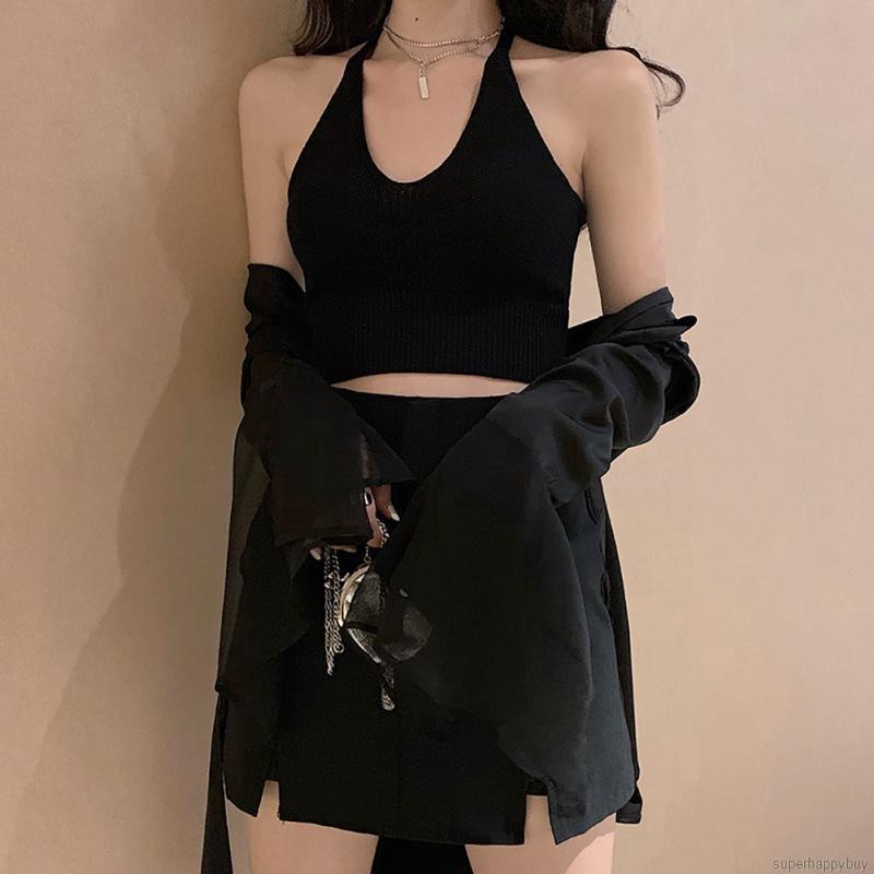 Women Sexy Tank Tops Hanging Halter Short  Korean Fashion Solid Color Camisole Tops