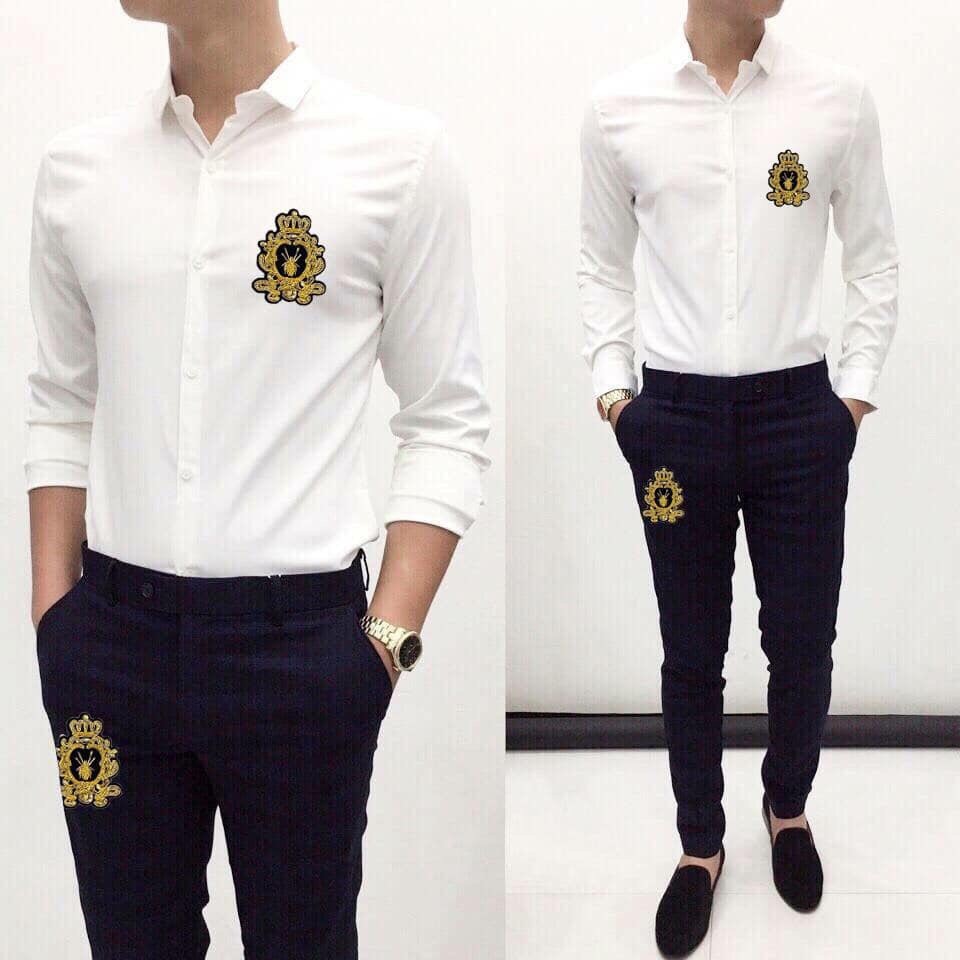 [ Sơ mi Nam Họa Tiết ] Sơ Mi Phối Họa Tiết Nam Thêu Nhện Vàng cao cấp Vải Lụa Chống Nhăn Không Xù