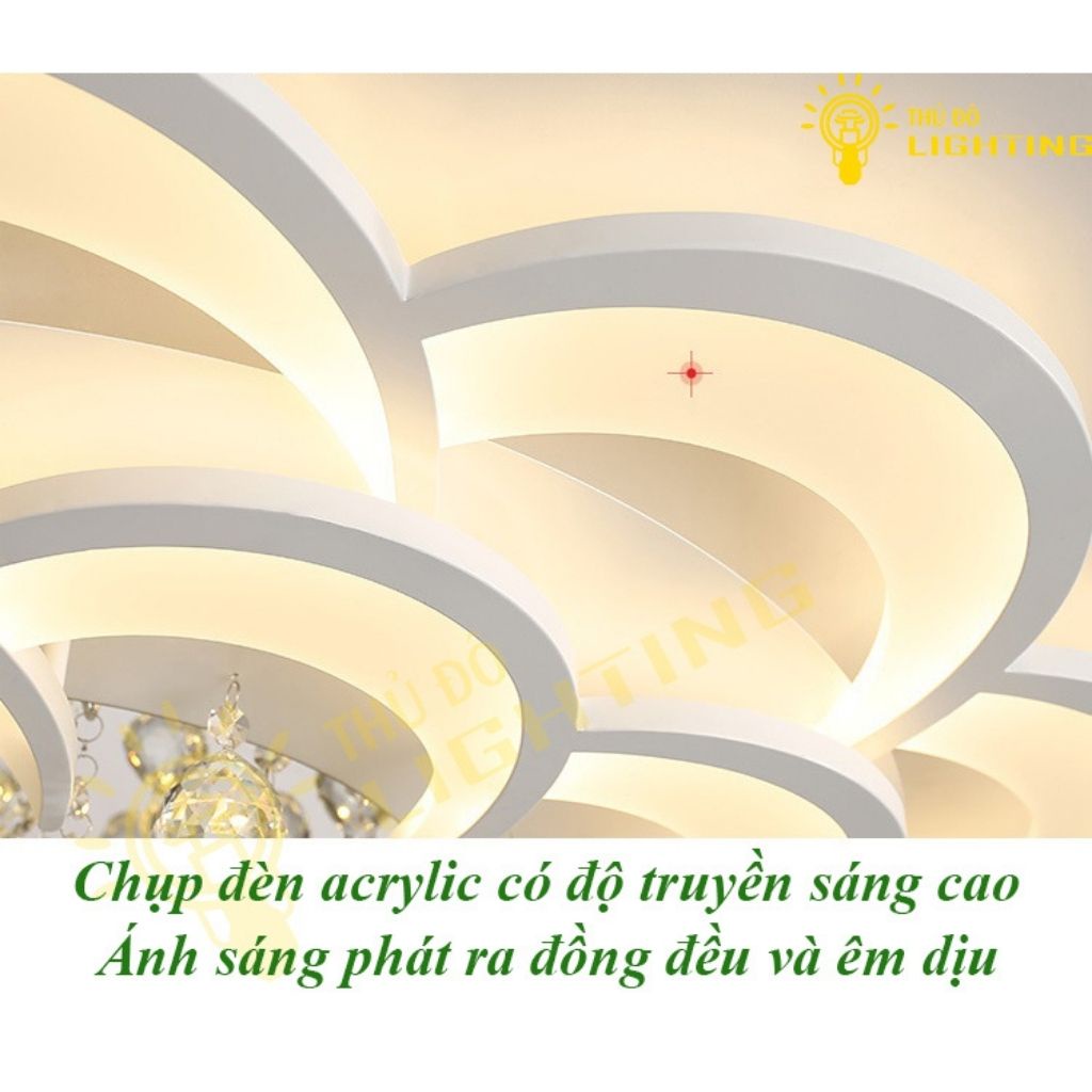 Đèn Ốp Trần Phòng Khách Lưu Ly Thảo THỦ ĐÔ LIGHTING Thiết Kế 2 Tầng Cánh Hoa So Le Kèm Viên Thả Pha Lê 2045-8+8