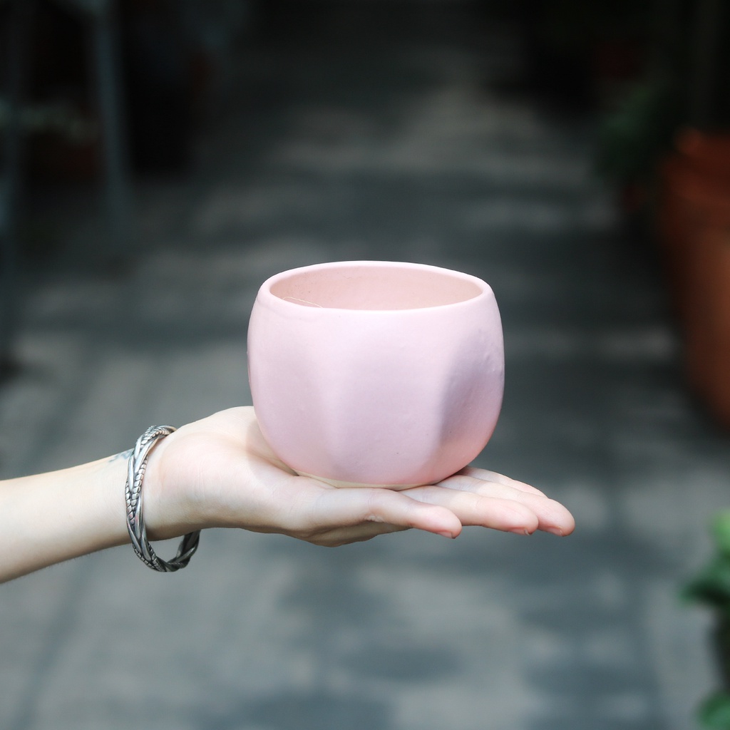 Chậu mini gốm tráng men màu hồng phấn, hồng pastel trồng sen đá, xương rồng