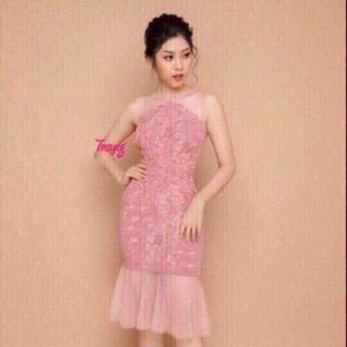 Đầm body cúp ngực đuôi cá ren phối lưới (2 màu: hống-đen)