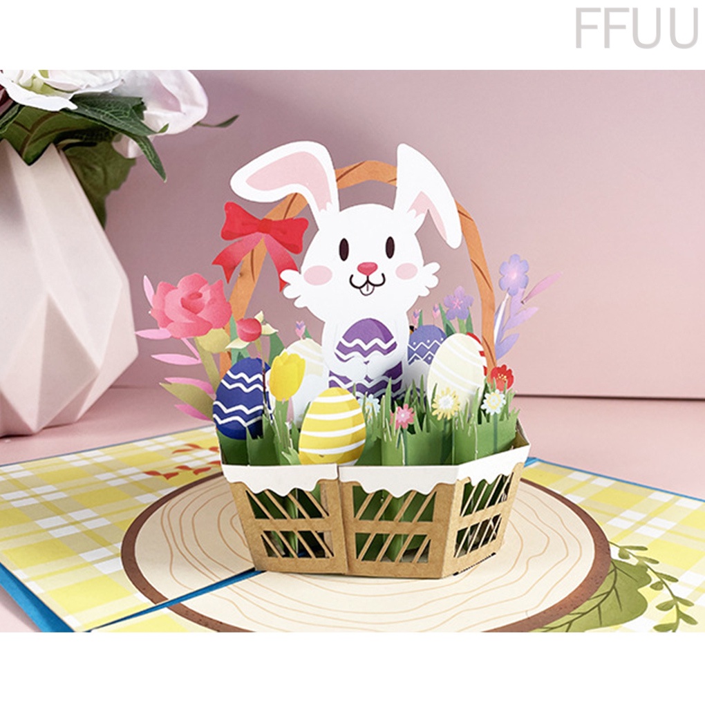 [ffuu]Card Easter 3D Pop-Up Animal Card Foldable Flower Basket Blessing Paper for Festival Decoration Gift