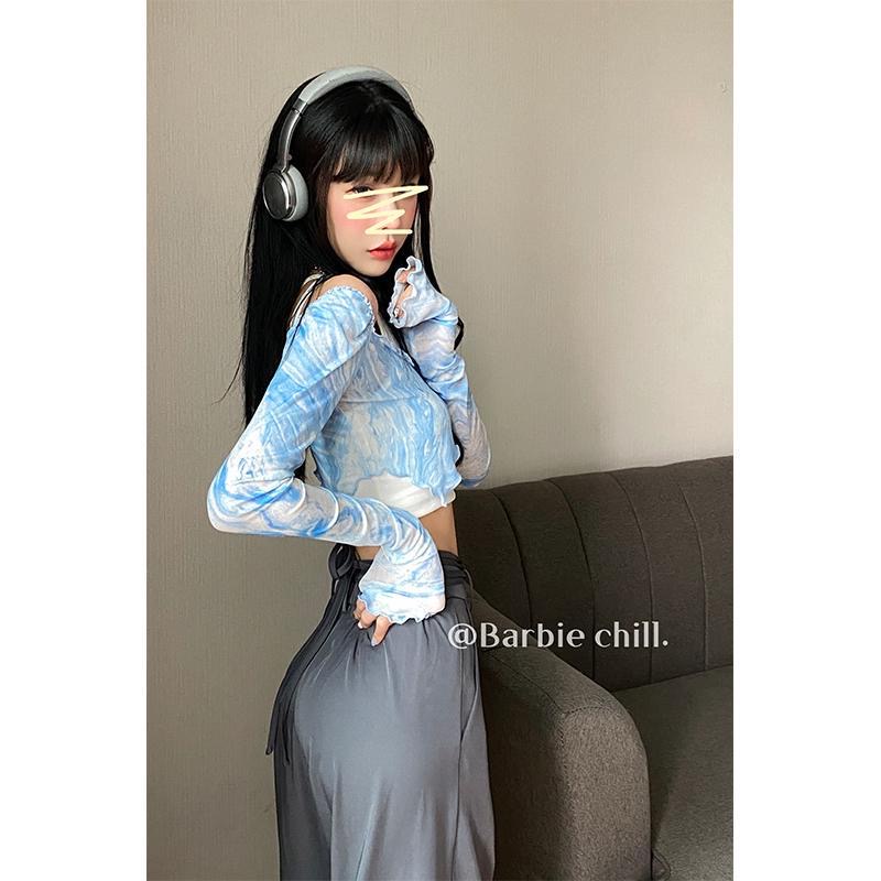 Áo croptop MMIOT Y2k vải lưới tay dài xuyên thấu màu nhuộm thời trang gợi cảm cho nữ
