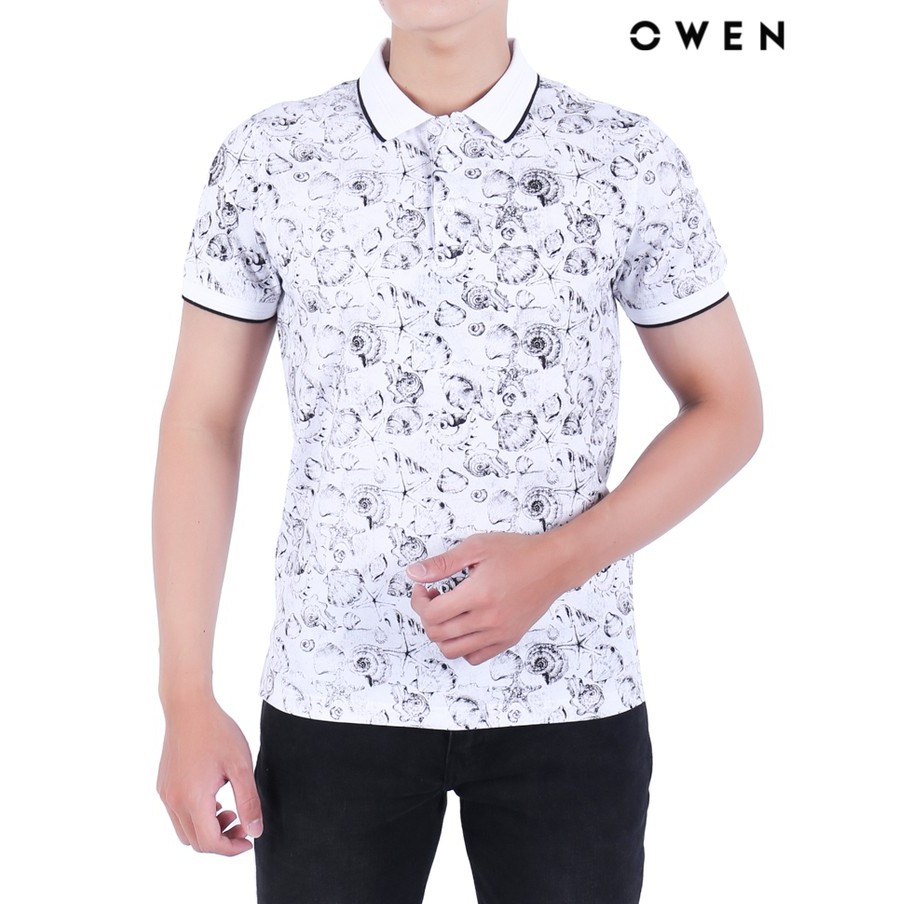 Áo polo ngắn tay Owen Cotton Bodyfit màu trắng họa tiết - APV20294