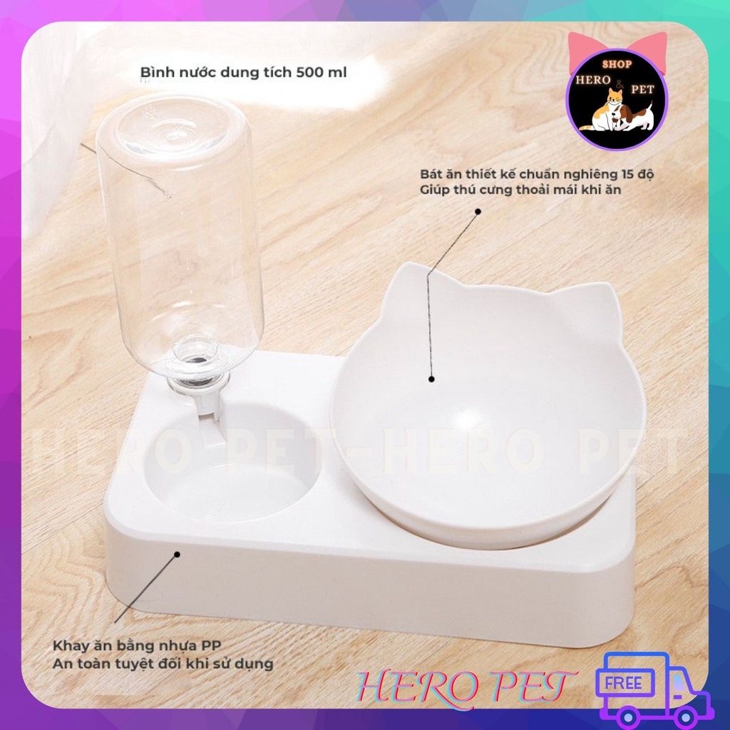 Bát ăn tự động cho thú cưng chó mèo, bát ăn kèm bình nước uống cho chó mèo - Hero Petshop