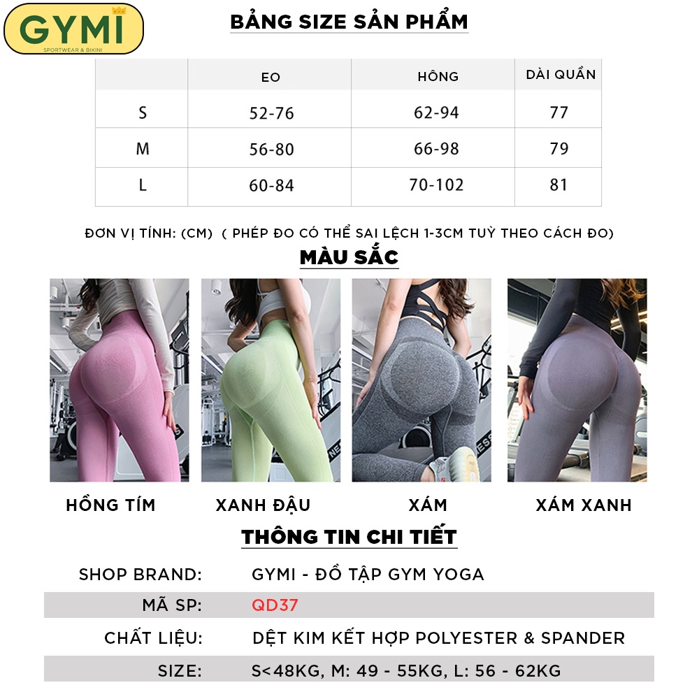 Quần tập gym yoga nữ chun mông GYMI QD37 dáng legging lưng cao nâng mông chất dệt dày dặn thể thao
