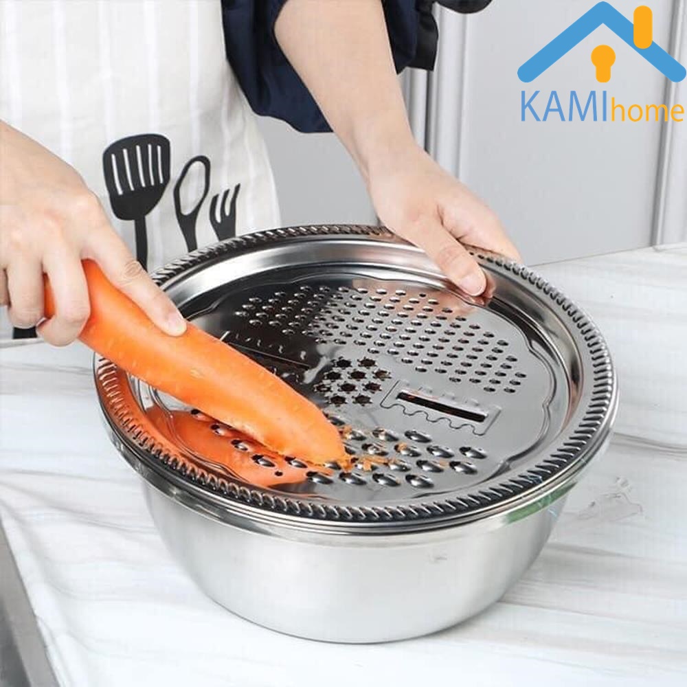 Bộ bát Inox đa năng gồm: Bàn nạo 4 kiểu + Rổ thưa + Thố đựng thực phẩm KM20076