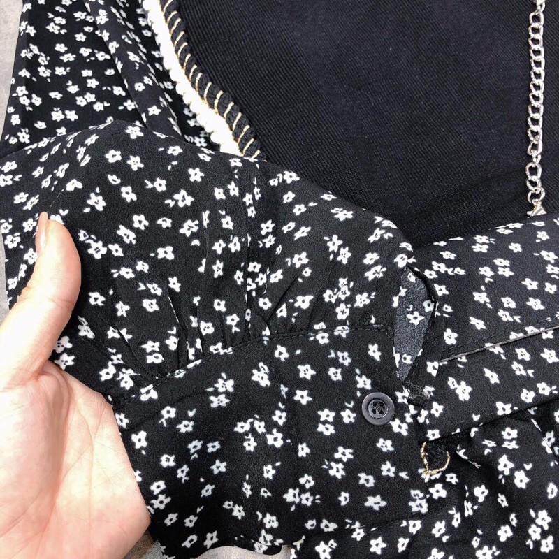 Set váy sơmi hoa nhí+gile len viền