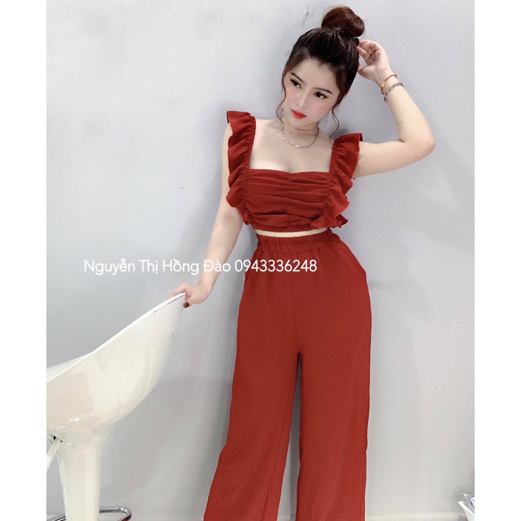 Sét Áo Croptop Phối Tay Cánh Tiên Thân Nhún Kết Hợp Quần Dài Ống Rộng Xin Xò TTS1005